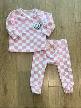Pink & White Check Kids Pajama Set with Smile Patch